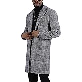 UANEO Mens Winter Trench Coat Notched Collar Single Breasted Plaid Mid Long Peacoat Overcoats with Pockets