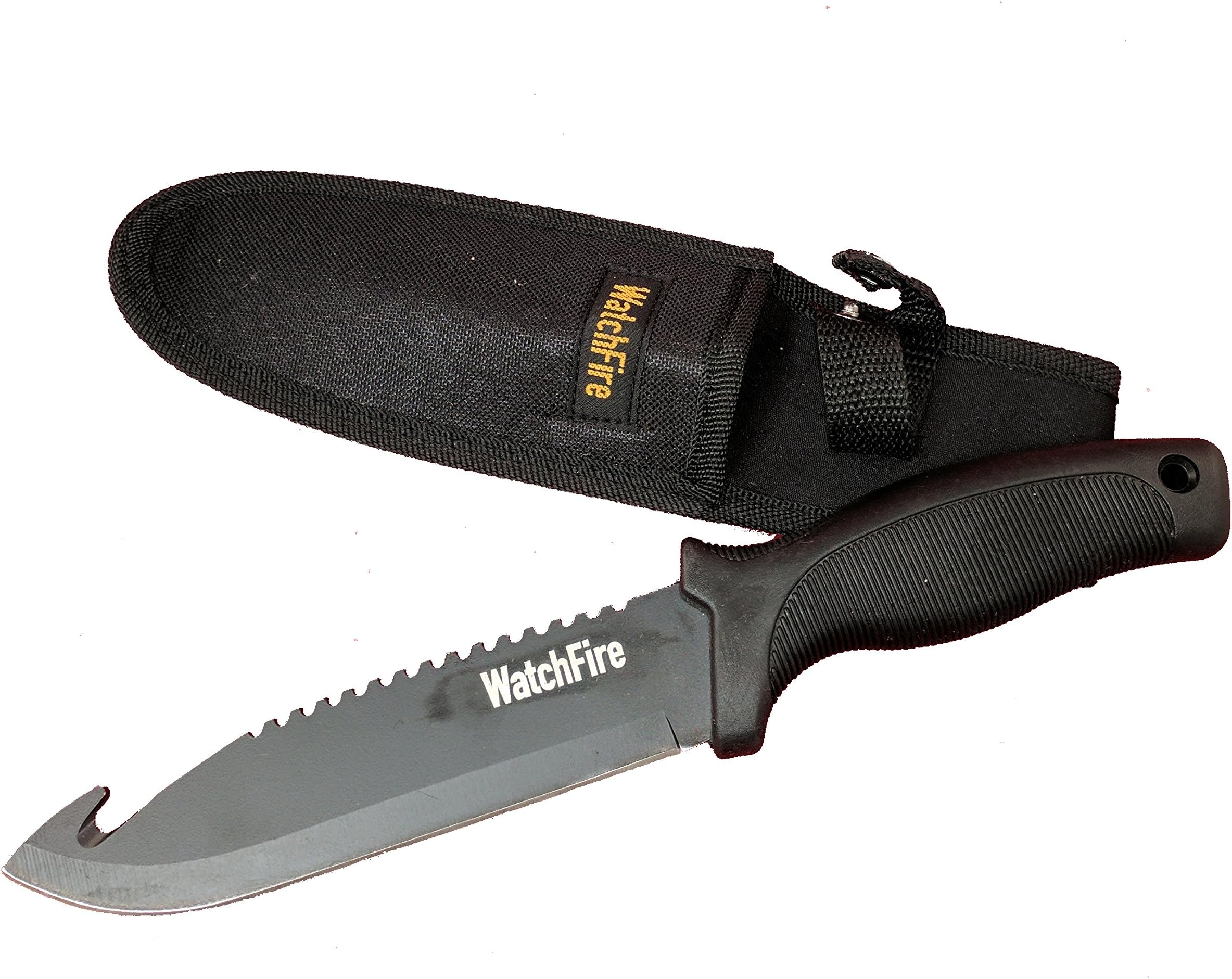 WatchFire 10" Hunting Fixed Blade Stainless Steel Knife Sawtooth Spine w/Sheath Guthook Black