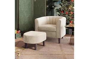 LINSY Accent Chair with Ottoman, Modern Armchair Comfy Barrel Reading Chair with Footrest for Living Room Bedroom Reading Room, Velvet, Beige