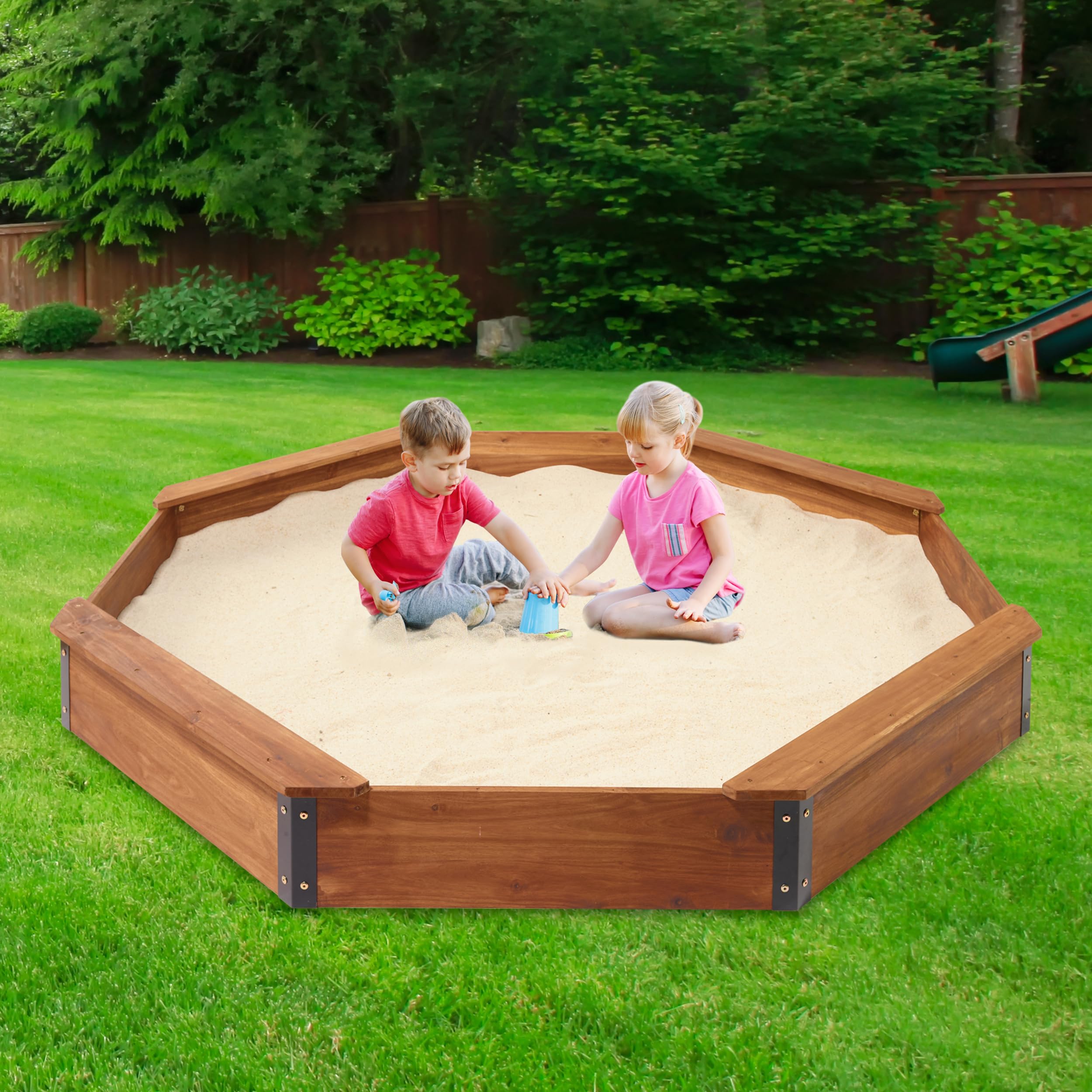 Photo 1 of **Missing Small Hardware** Badger Basket XL Octagon Sandbox with Cover & Benches - Large Wooden Sandbox for Kids - Outdoor Sand Box for Backyard Playset & Group Fun (78 x 78 x 9)