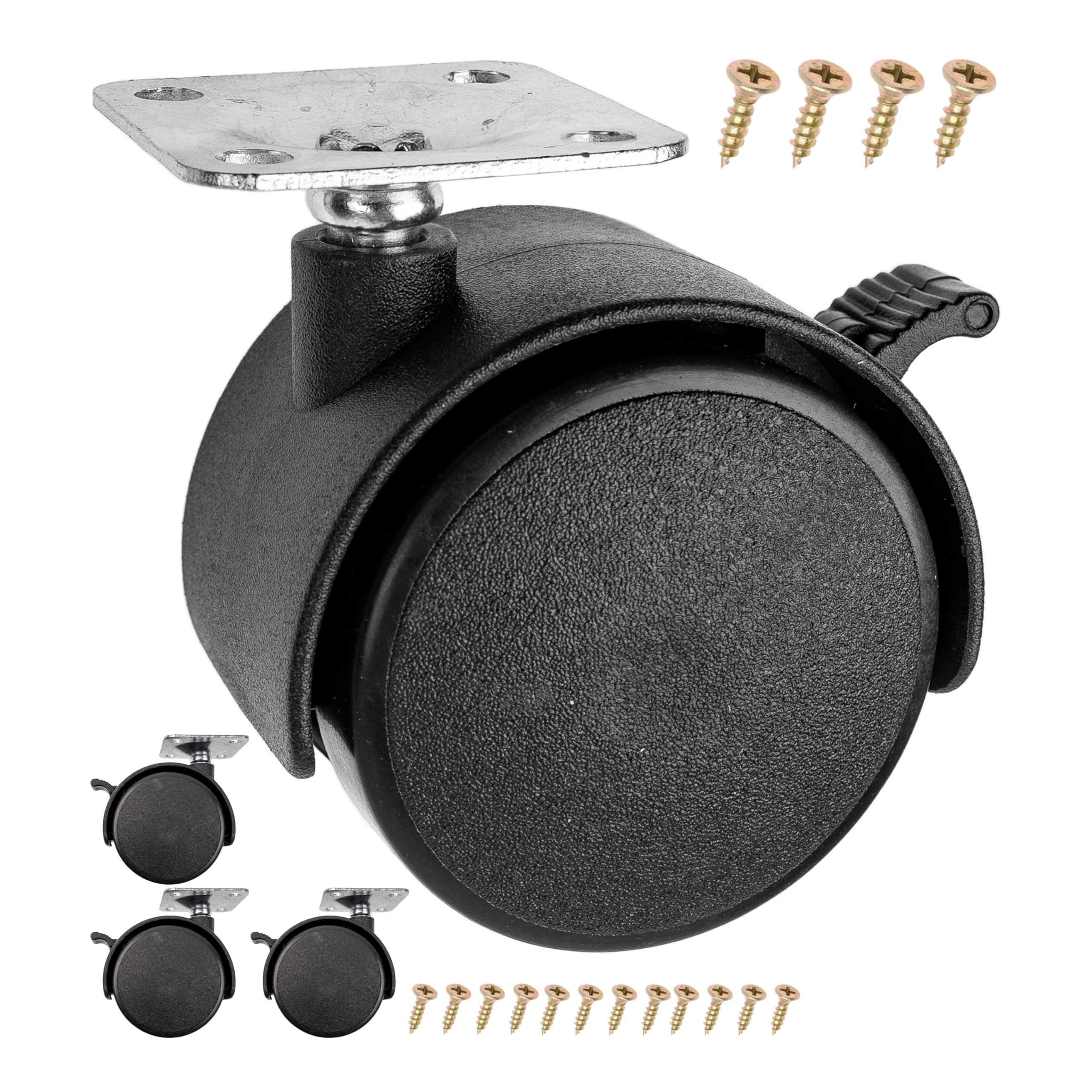 Furniture castor set, 4 pieces, in black, Ø 50 mm castor, 64 mm total height, 38 x 38 mm screw-on plate with 360° rotation, swivel castors for screwing on, 30 kg load capacity per double castor