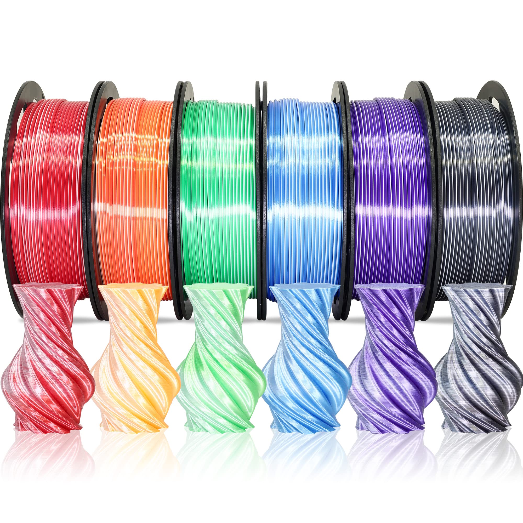 Photo 1 of MIKA3D Dual Color 1.75mm 3D Printer Filament Bundle, Silk PLA 6 Spools Pack - White Red, Orange, Green, Blue, Purple, Black - 3D Printing PLA 250g X 6 Spools