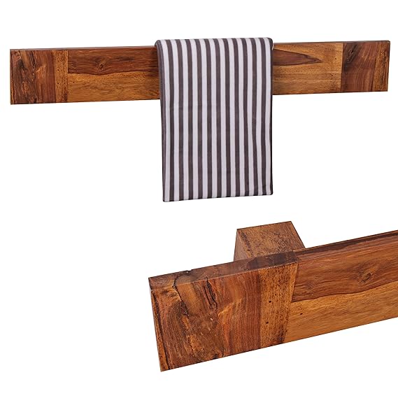 WOHNLING Handtuchhalter Massivholz Sheesham 110 cm Wand-Regal Landhaus-Stil Bad-Zubehör Badezimmer-Möbel Natur-Produkt Badreg