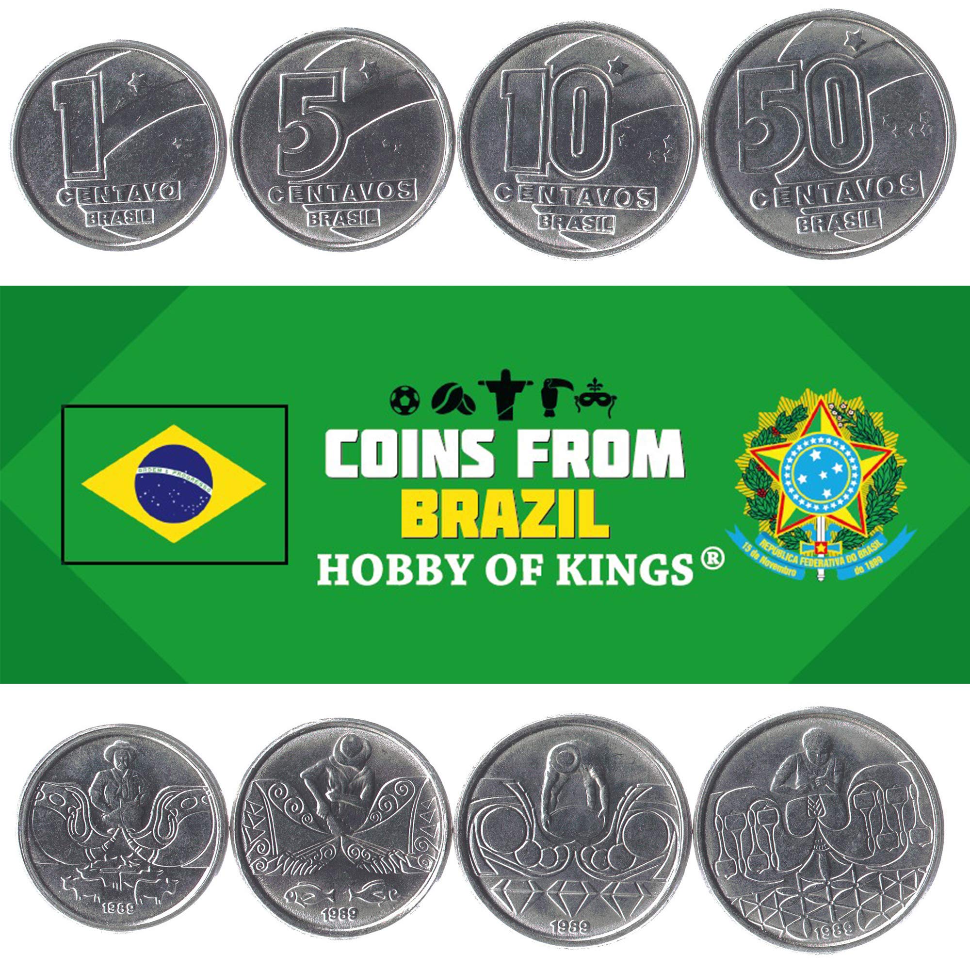 Set of 4 Coins from Brazil. 1, 5, 10, 50