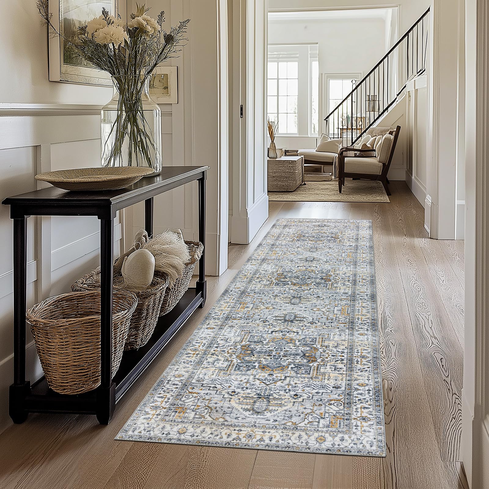 Photo 1 of 3x12 Hallway Washable Runner Rug : Vintage Soft Kitchen Bathroom Laundry Runner Non Slip Backing Farmhouse Entryway Floor Mat Stain Resistant Carpet for Bedroom Living Room Distressd Beside Rug(Gray)