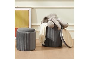 Chilihom Grey Round Ottoman with Storage Footrest Set of 2 Multifunctional Upholstered Velvet Vanity Stools for Makeup Ottoman Coffee Table Padded Seat for Living Room & Bedroom(Grey,Crease Lines)