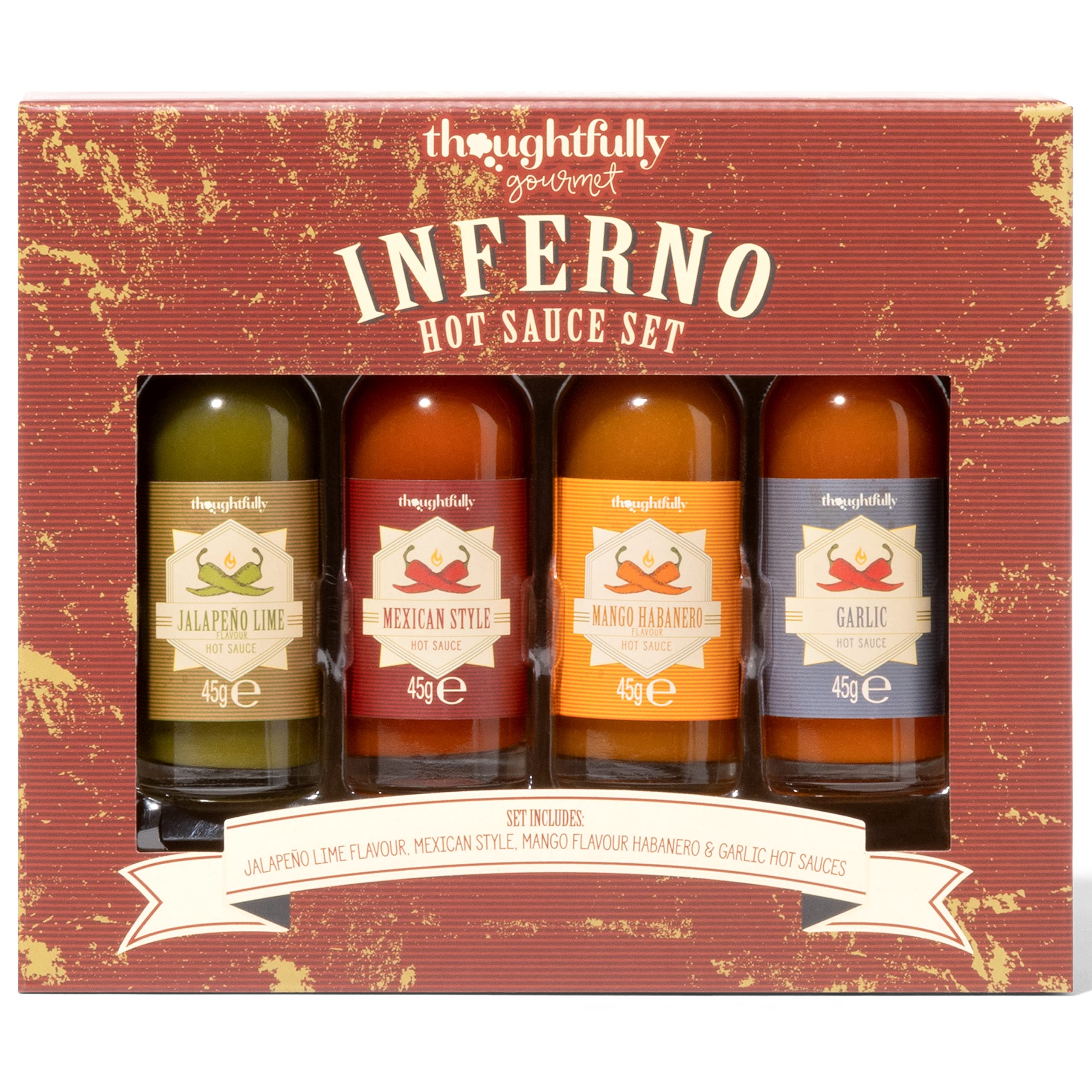 Thoughtfully Gourmet, Inferno Chilli Hot Sauce Gift Set, Scoville Ranges from Mild to Extreme, Flavourful Chilli Sauces Include Jalapeno Lime, Garlic, Mango Habanero and Mexican Style, Pack of 4