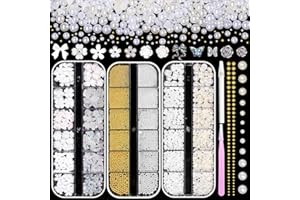 TATIWOO Half Pearls and Metal Caviar Nail Beads, 3D Flowers Nail Charms, White Beige Flatback Pearls Nail Art, Mixed Gold Silver Caviar Beads Butterfly Flowers Bow Charm for Acrylic Nails Art DIY Accessories