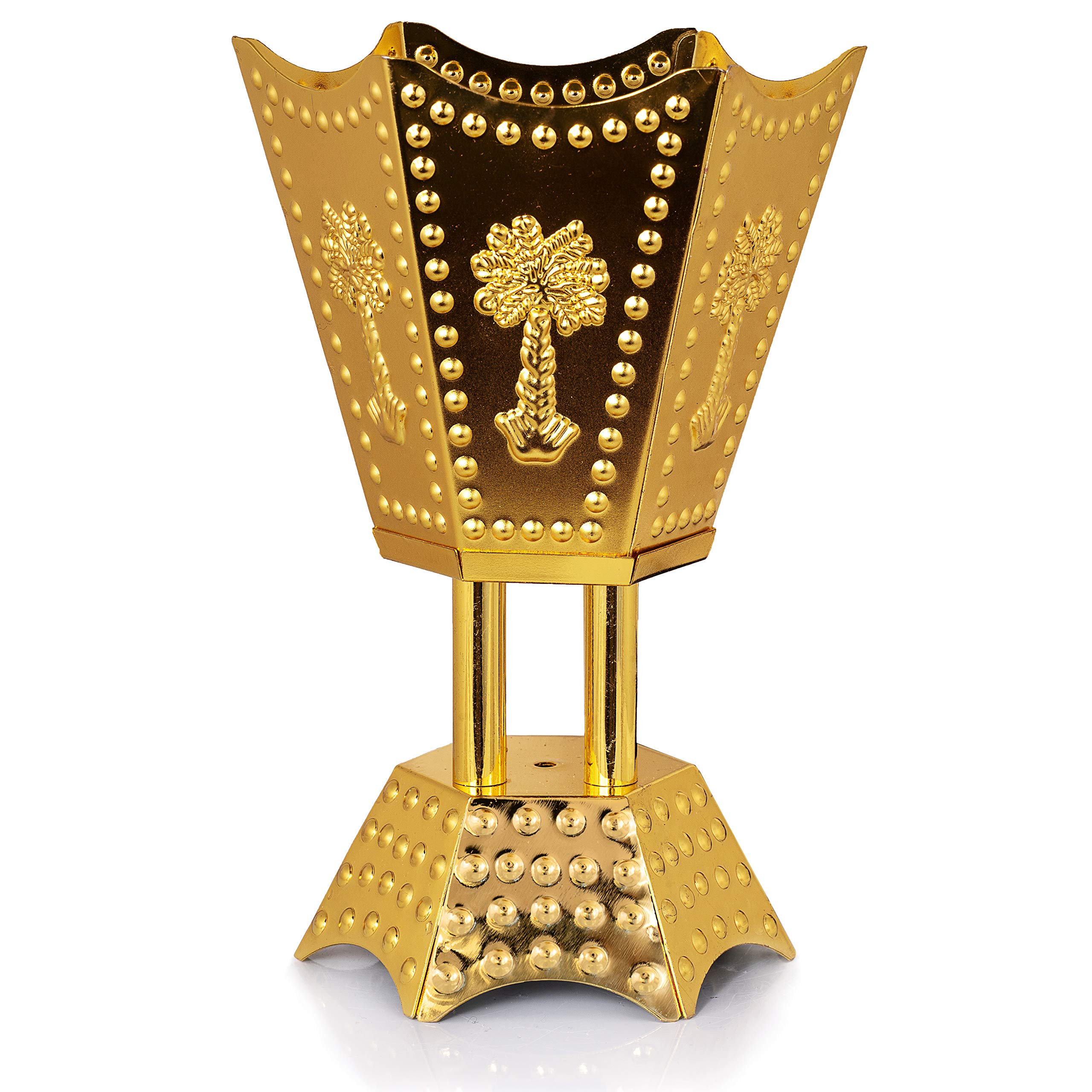Arabian Incense Burner Bakhoor Burner for Oud Frankincense Resin - Metallic Hexagon Motif (Gold Palm)