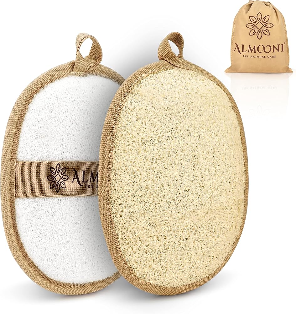 Almooni Natural Loofah Exfoliating Body Scrubber, Shower Sponge 2 Count | Natural Egyptian Loofah, Exfoliating Sponge for Fac