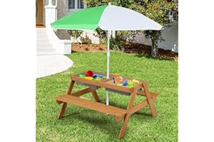KOTEK Kids Picnic Table, 4 in 1 Sand and Water Table w/Detachable Tabletop, 2 Removable Play Boxes, Foldable & Height Adjusta