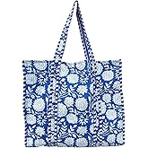 Quilted Cotton Handprinted Reversible Large multicolor Floral Tote Bag,Hand Block Print Shopping Shoulder Carry Bag