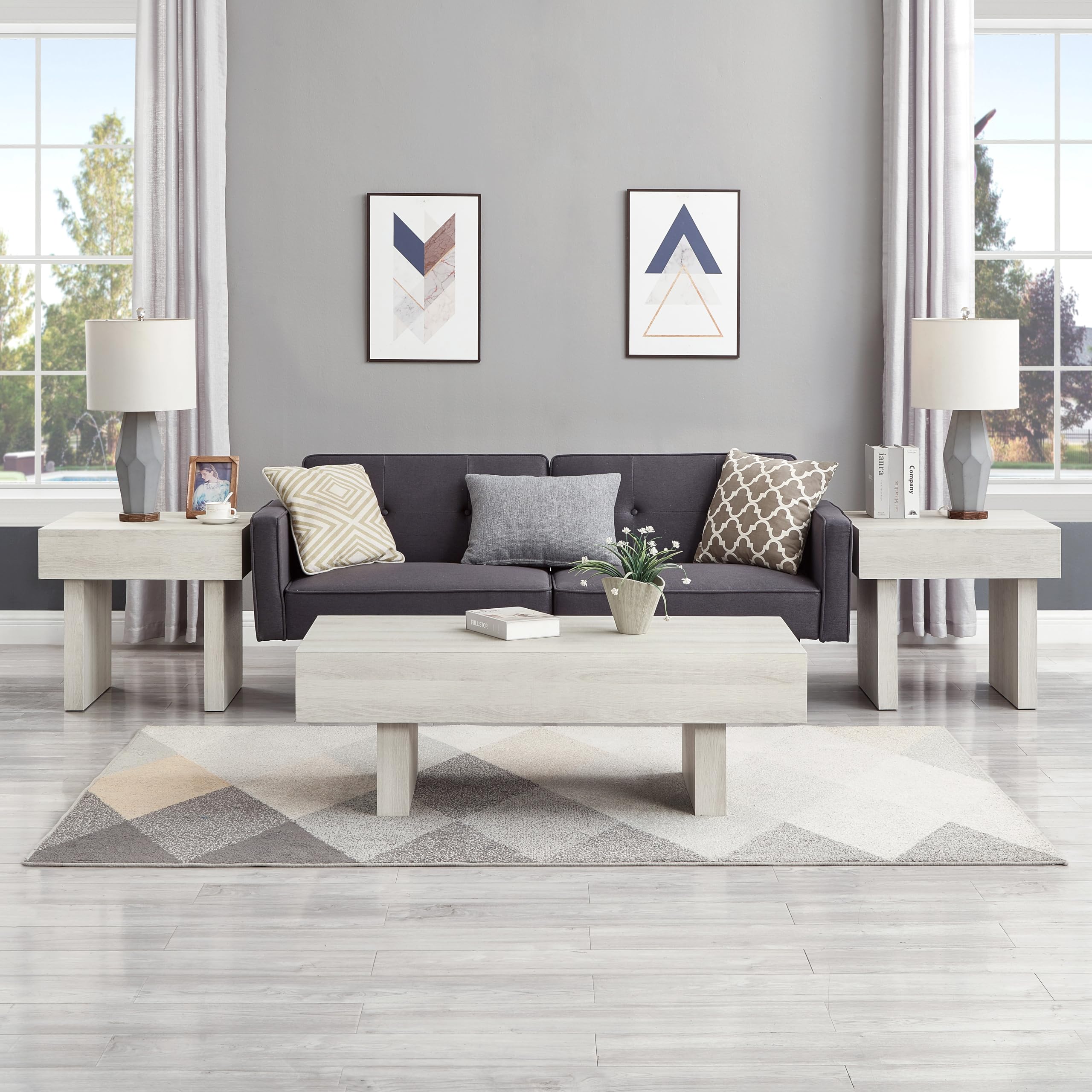 Photo 1 of Roundhill Furniture Athens 3-Piece Set Modern Accent Coffee Table with Two End Tables, Off-White