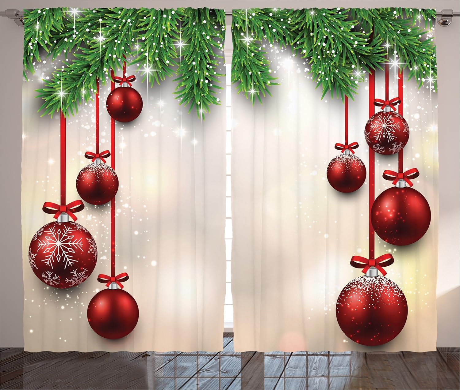 Ambesonne Christmas Curtains, Xmas Traditional Winter Season Theme Fir Twigs and Vibrant Balls Graphic Print, Living Room Bedroom Window Drapes 2 Panel Set, 108" X 90", Vermilion Green