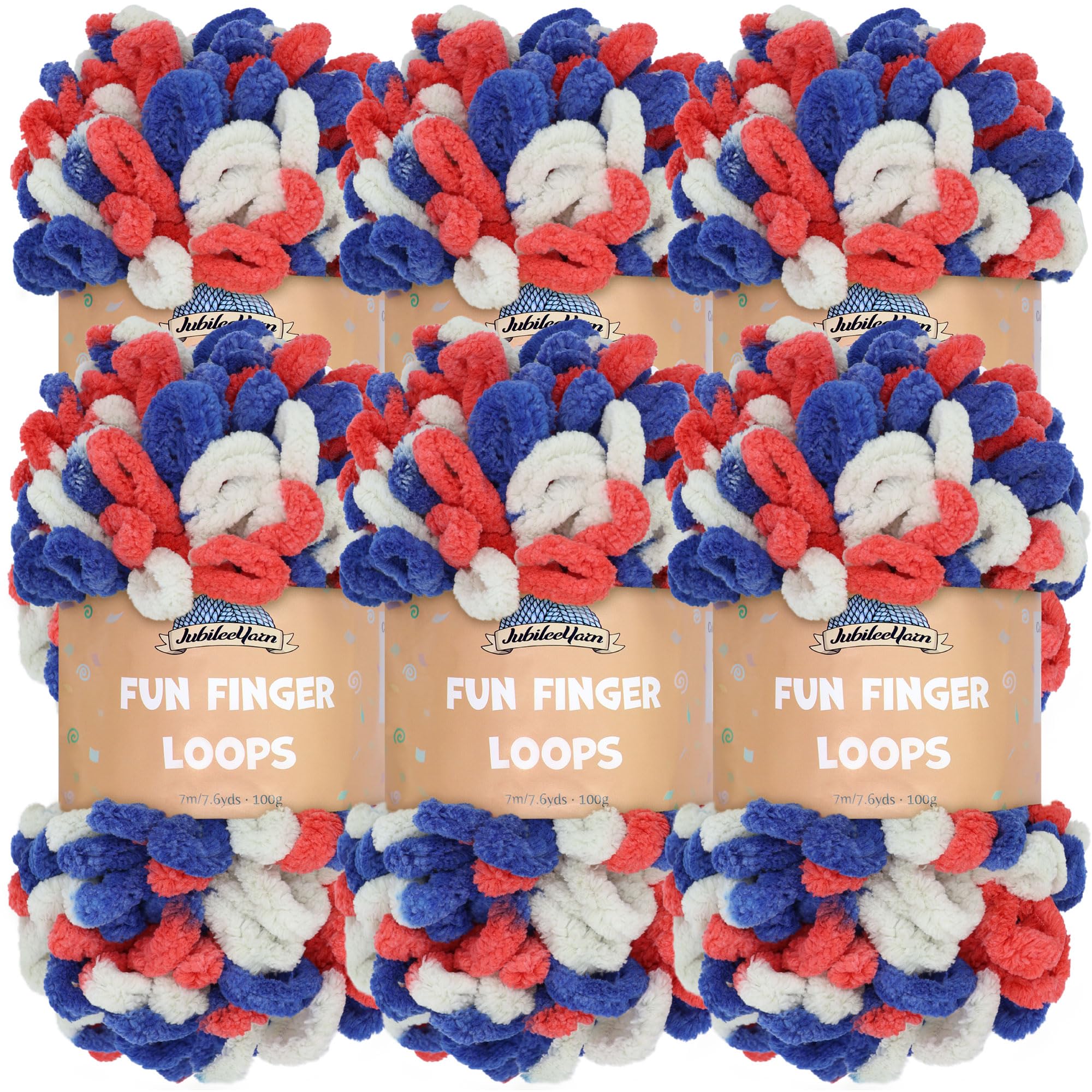 JubileeYarn Fun Finger Loops Yarn - Polyester Jumbo Weight Loop Yarn - 100g/Skein - Red White Blue - 6 Skeins