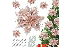 CCINEE 12pcs Christmas Glitter Poinsettia Flowers Rose Gold Artificial Xmas Flowers with Clips and Stems for Christmas Tree O