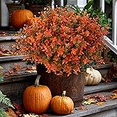 AXYLEX Artificial Fall Flowers Outdoor Fake Mums - 16 Bundles Fake Plants UV Resistant No Fade Faux Plastic Greenery Garden Porch Patio Fall Home Decor (Green Orange)