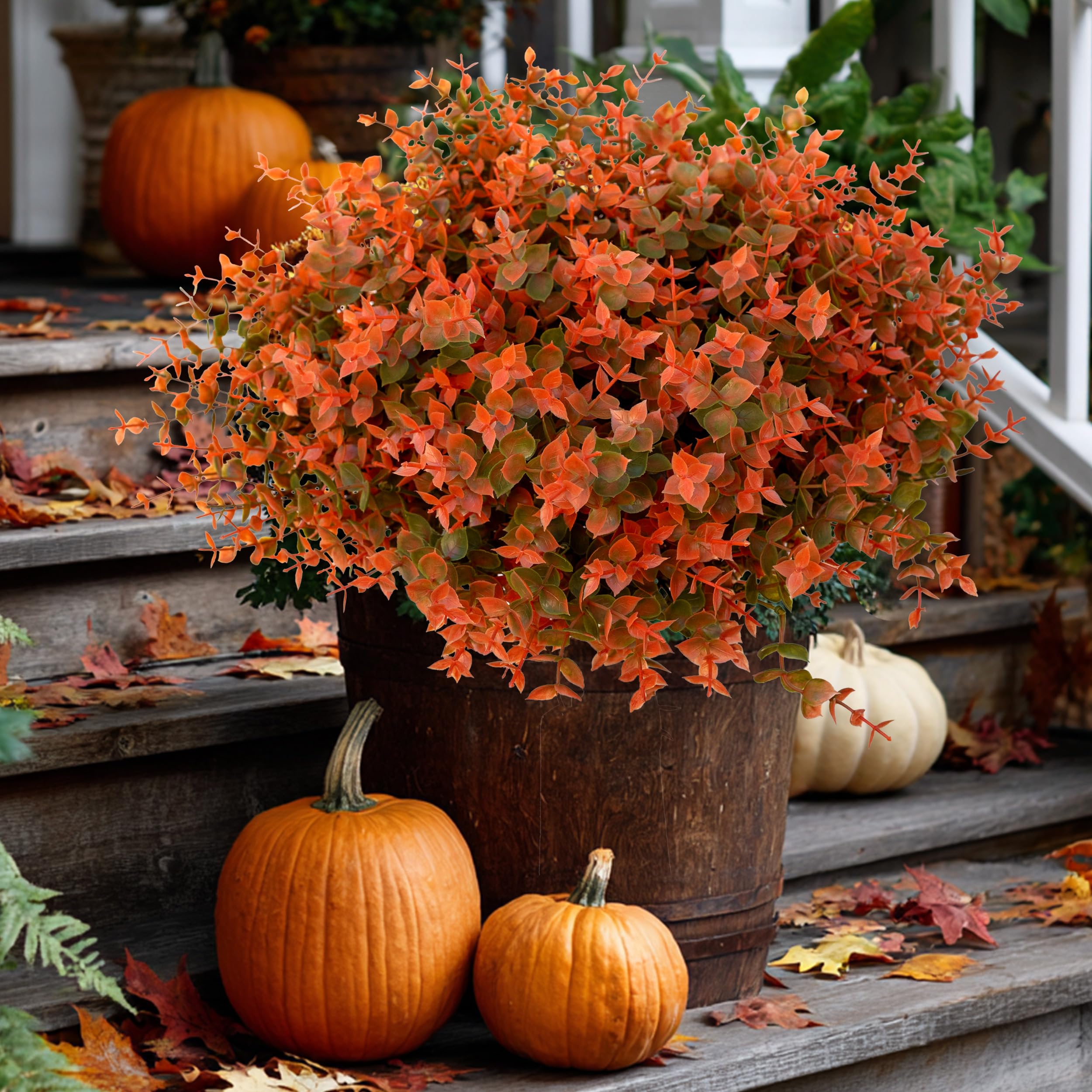 AXYLEX Artificial Plants Outdoor Boxwood Shrubs - 16 PCS Bundles Fake Plants UV Resistant No Fade Faux Plastic Greenery Fall Flowers Garden Porch Patio Decoration Thanksgiving (Green Orange)