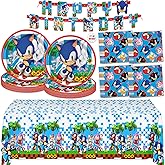 Sonic Birthday Party Decorations, Serves 16 Guests | Officially Licensed, Paper Dinnerware Made in USA, With Banner, Table Cloth, Sonic Plates and Napkins
