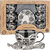 Alisveristime Turkish Coffee Set for Six, 6 Black Porcelain Cups with Gilded Rims, Zamac Holders and Saucers, Two Color Variations: Gold and Silver (Gilded-Design) (Silver)