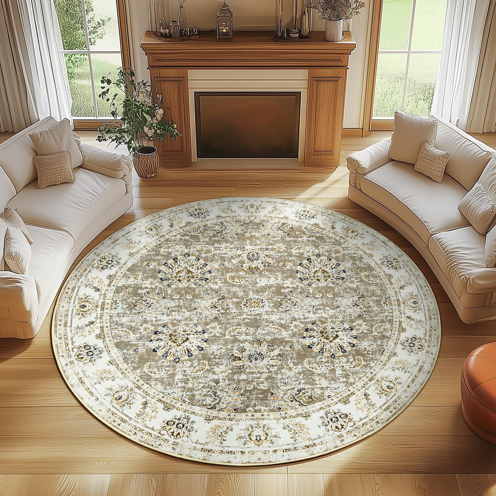 Photo 1 of jinchan Round Rug 7ft Area Rugs - Vintage Floral Distressed Design Machine Washable Non-Slip Low-Pile Ultra-Thin Circle Rug for Living Room Dining Room Bedroom Home Office Farmhouse (7' Round,Taupe)