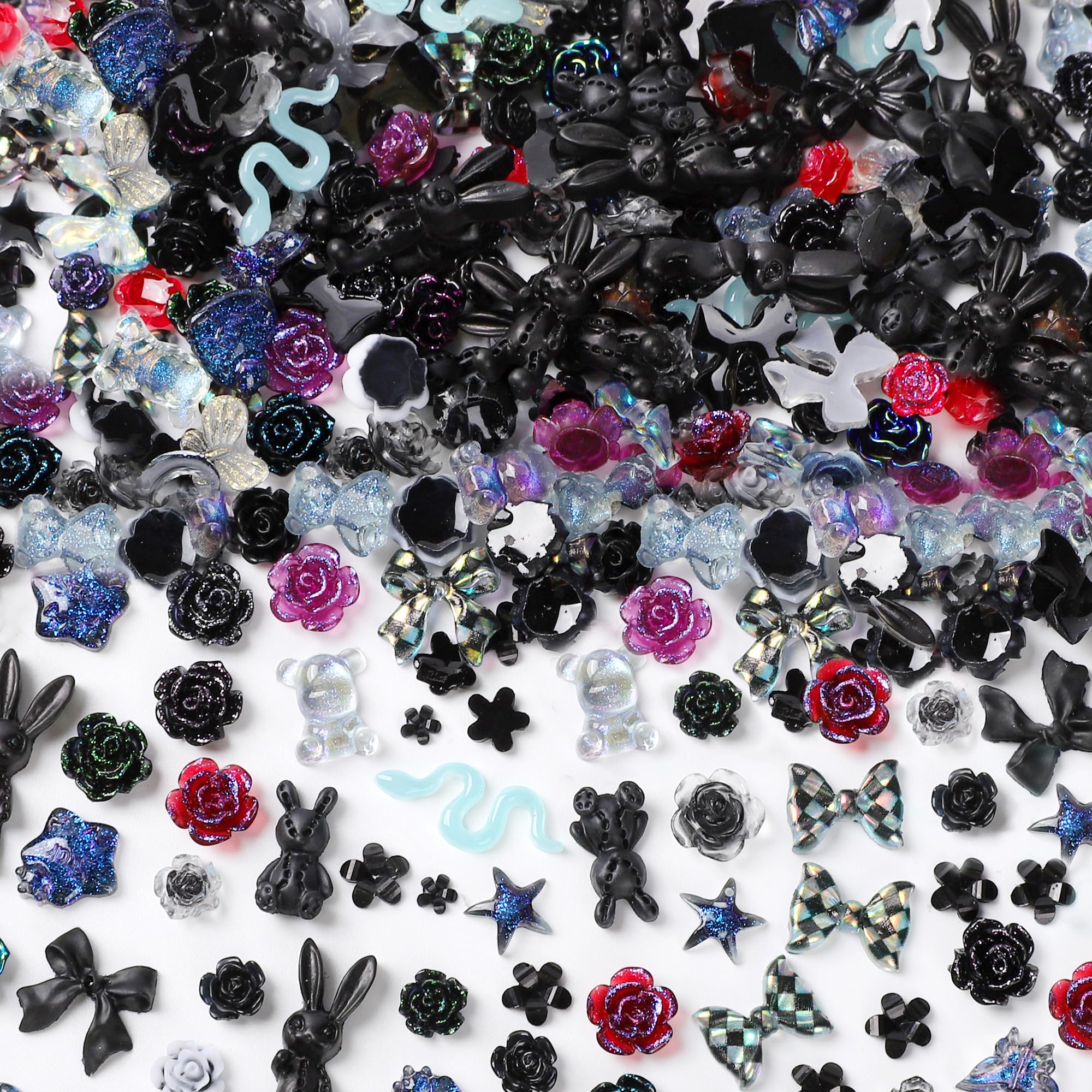 Photo 1 of COOSLIM 110 Pieces 3D Nail Charms for Acrylic Nails, Camellia Rose Flower Butterfly Bowknot Heart Bear Rabbit Star Charms for Nail Art Designs DIY Accessories Craft(Black)