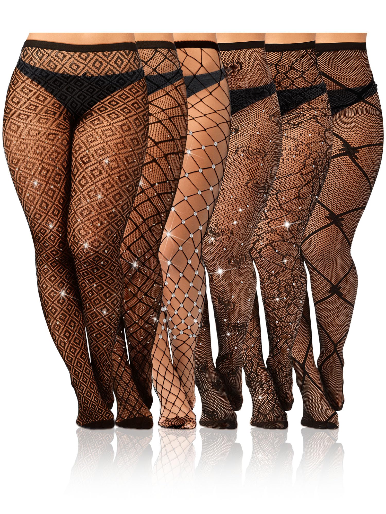 Photo 1 of Geyoga 6 Pair Plus Size Rhinestone Fishnets Stockings Glitter Sparkly Tights High Waist Black Fishnet Pantyhose for Women(Xl-4xl)