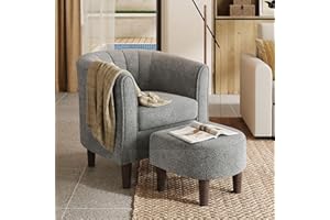 LINSY Accent Chair Ottoman Set: Chenille Barrel Chair with Foot Rest, Mid-Century Modern Small Reading Chair Upholstered Armchair with Footrest for Living Room Bedroom Study Room Office