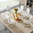 FFIKK 7 Piece Gold Dining Table Set,Glass Dining Table Set for 6,Modern Dining Table and Faux Leather Padded Seats for Kitchens, Living Rooms, Bedrooms (Gold Table-White Chair A-6)