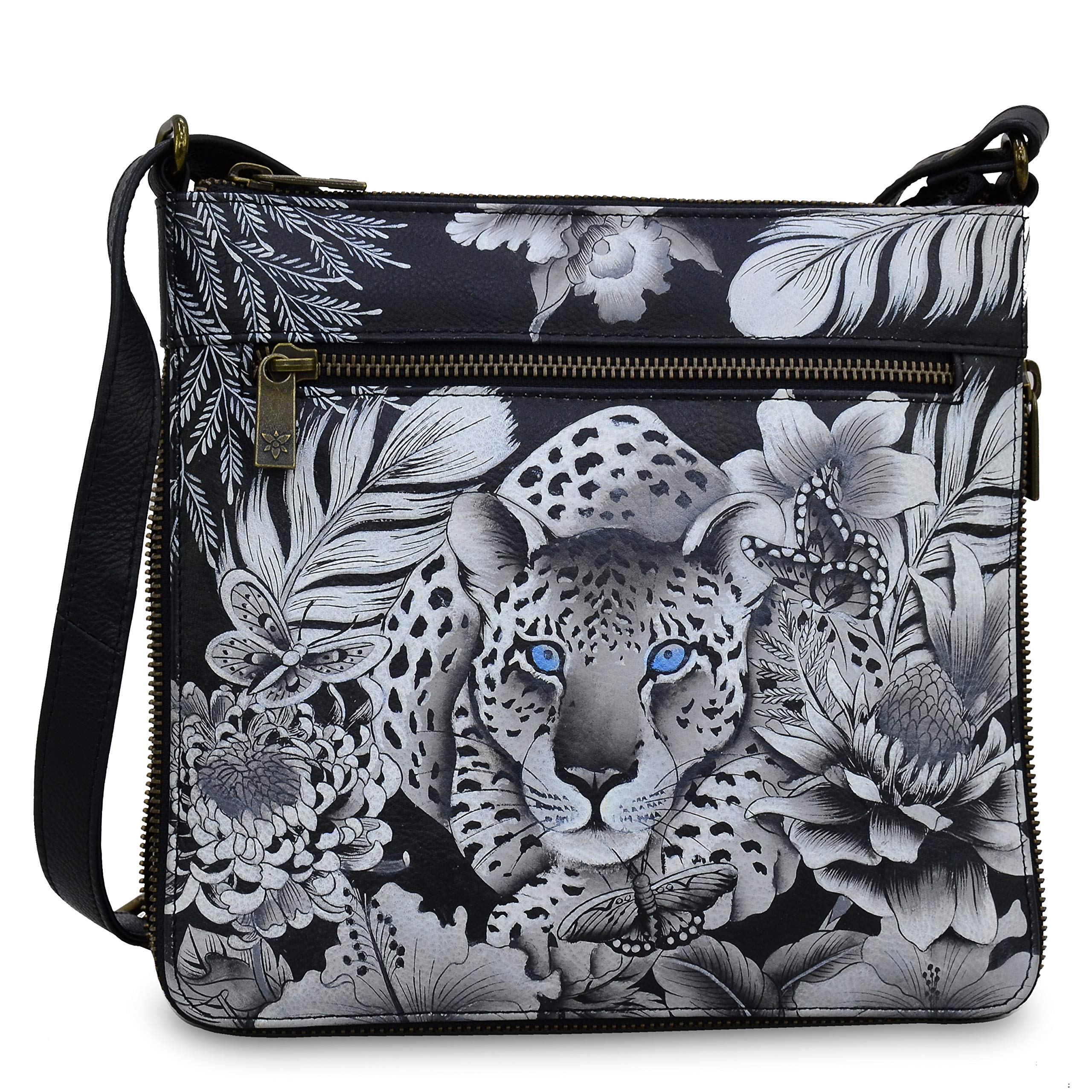 Anuschka Women’s Genuine Leather Expandable Travel Crossbody - Hand Painted Original Artwork - Cleopatra's Leopard