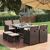 SONGMICS Garden Furniture Set 9 PE Rattan Outdoor Table Chairs Brown Beige view 2