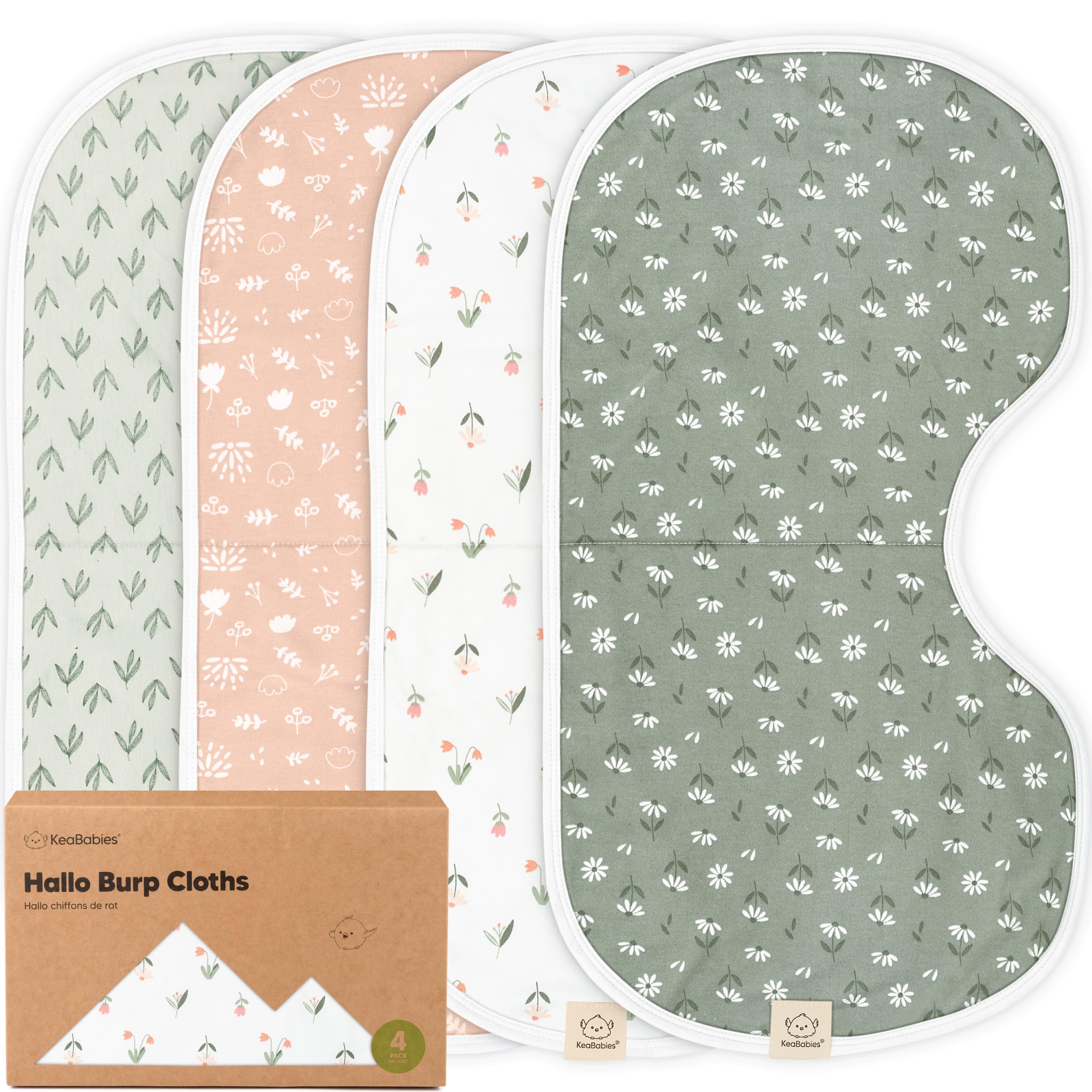 Photo 1 of KeaBabies 4-Pack Baby Burp Cloths Baby Girl, Boy - Organic Cotton Burp Cloth, Extra Large, Absorbent, Soft Burping Cloths & Bibs Set for Babies, Newborn Burp Clothes, Thick Burp Rags (Fleur)