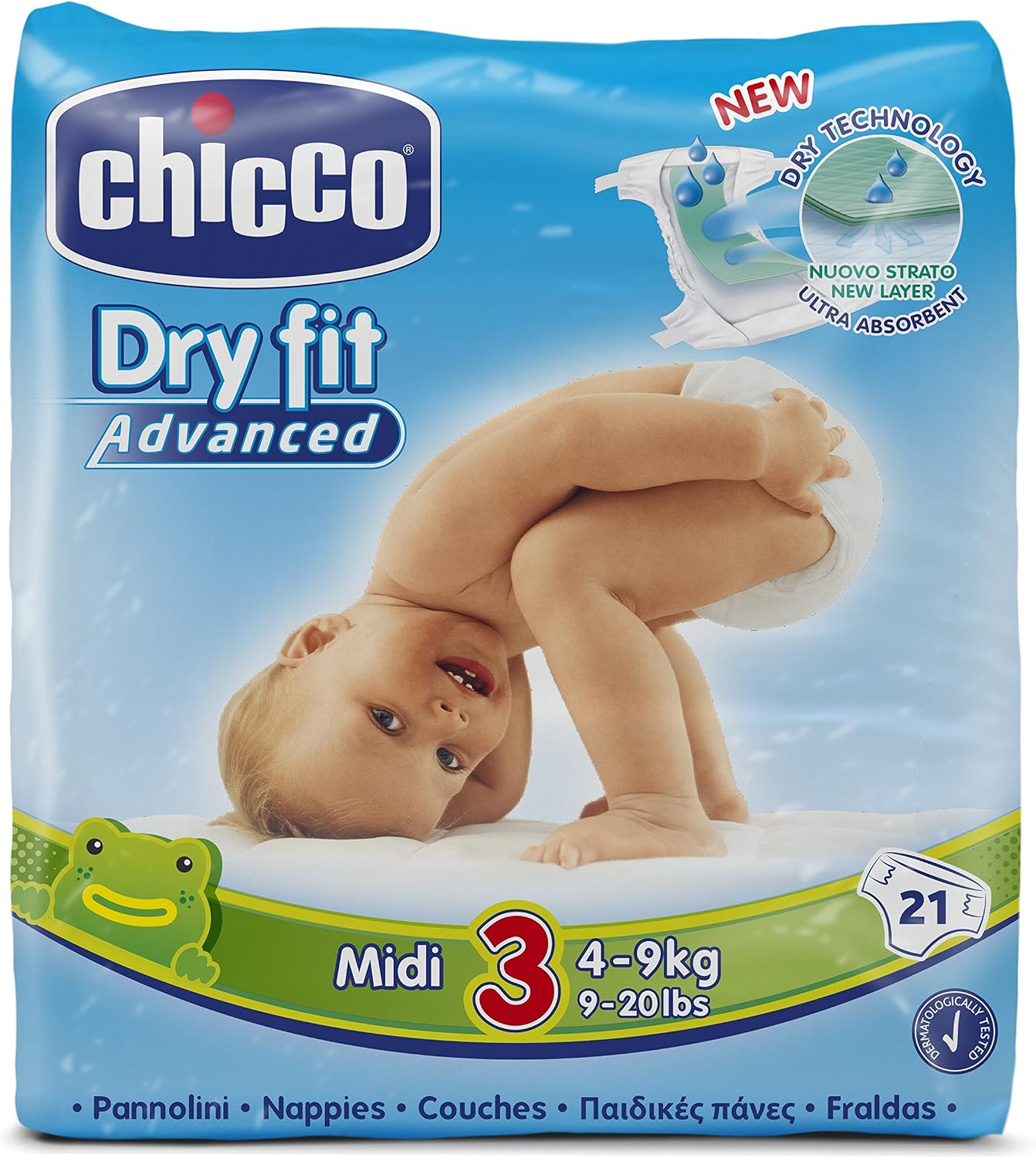 Chicco Dry Fit Midi Size 3 Nappies Advanced Set of 21, Multicolored, Taglia 3