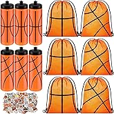 12 Pcs Basketball Water Bottles Basketball Drawstring Bag Set with 50 Sticker Basketball Party Favors 6 Reusable Sports Squeeze Water Bottle 20oz 6 Basketball Goodie Gift Bag for Basketball Team Gifts