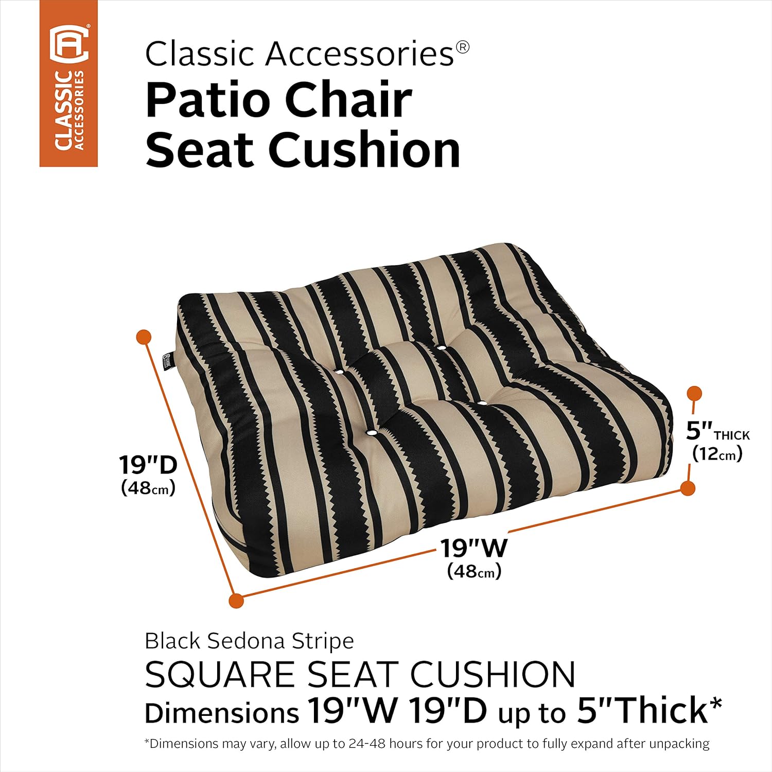 Classic Accessories Water-Resistant Square Patio Seat Cushions, 19 x 19 x 5 Inch, 2 Pack, Black Sedona Stripe : Garden & Outdoor