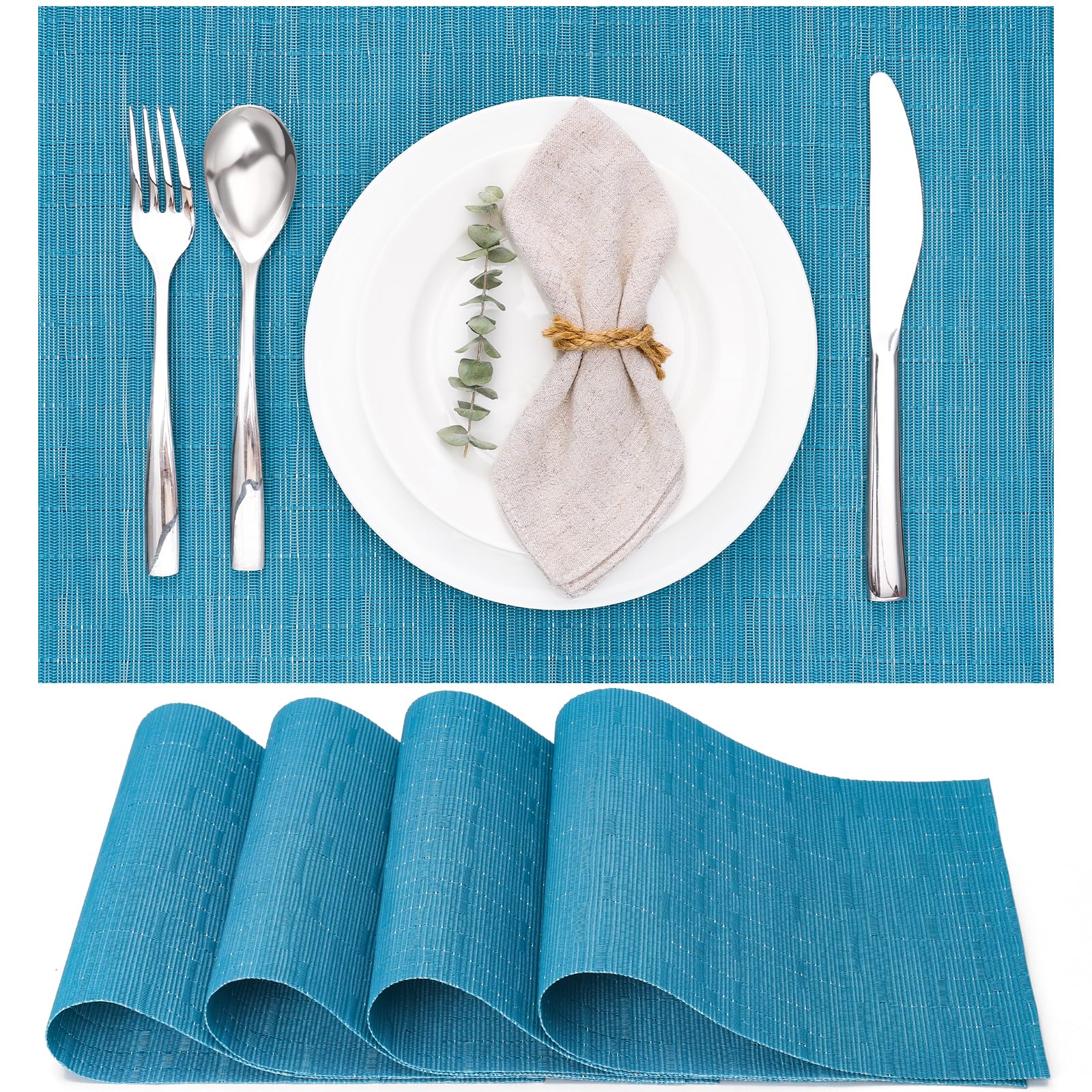 Myir JUN Table Mats Set of 4, Place Mats Table Placemats Washable Non-slip Heat Insulation Woven Vinyl for Kitchen Dinning Restaurant 17"X12" (Blue)