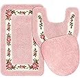 Drydiet 3 Pcs Pink Coquette Bathroom Rug Set Coquette Bathroom Decor Rose Floral Bath Mat U Shaped Toilet Rug Toilet Lid Cover Non Slip Absorbent Floral Bath Rugs