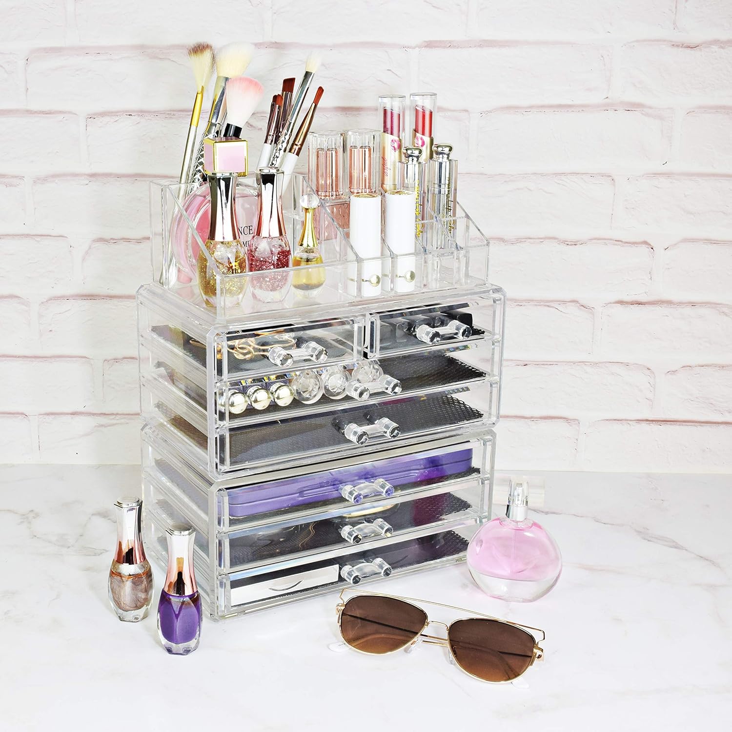 Ikee Design Cosmetics Makeup and Jewelry Storage Case Display for Lipstick, Nail Polish, and Makeup Brushes, Cosmetic Jewelry Organizer Makeup Holder, Cosmetic Organizer for Vanity, Clear: Home & Kitchen