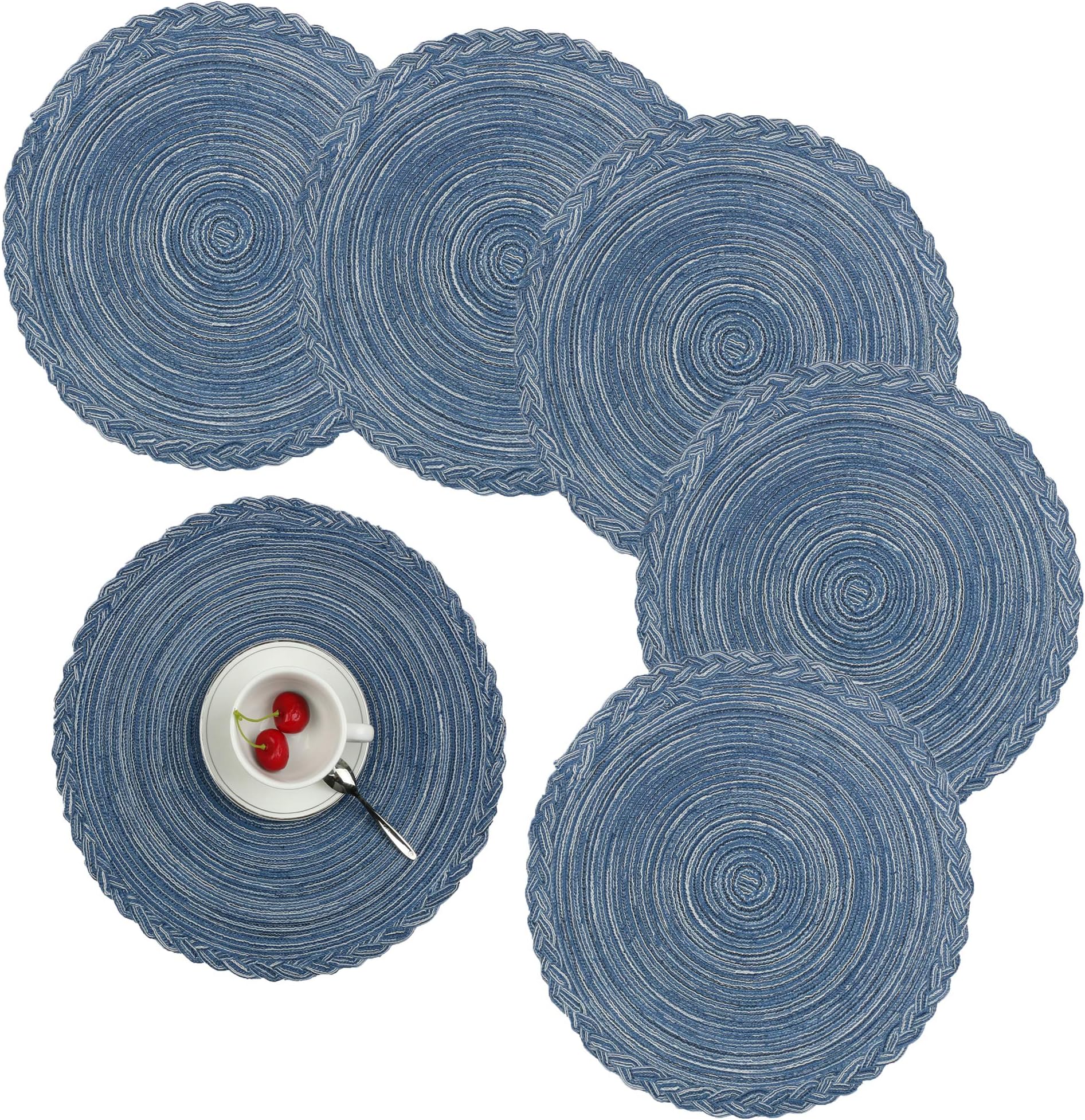 Famibay Round Dining Table Mats Set of 6 Non Slip Woven Cotton Place Mats for Dinner 36CM(Blue)