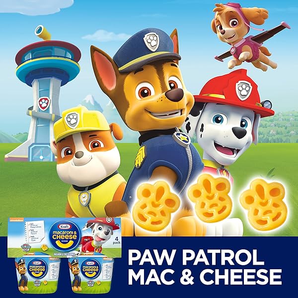 KRAFT NICKELODEON PAW PATROL MAC AND CHEESE, 4 CUPS, FOR EASY DINNER OR DINNER SIDES, ORIGINAL FLAVOR, NO ARTIFICIAL FLAVORS, PRESERVATIVES OR DYES, 1.9 OZ