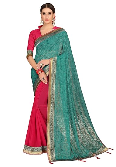 COTTON SHOPY Womens Solid Georgette and Net Lace Saree with Blouse Piece (4085, Pink and Teal Green)