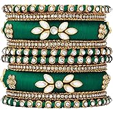 Aheli Silk Thread Kundan Studded Chura Chuda Bangle Set Gift for Women (2.8 inch, Green)