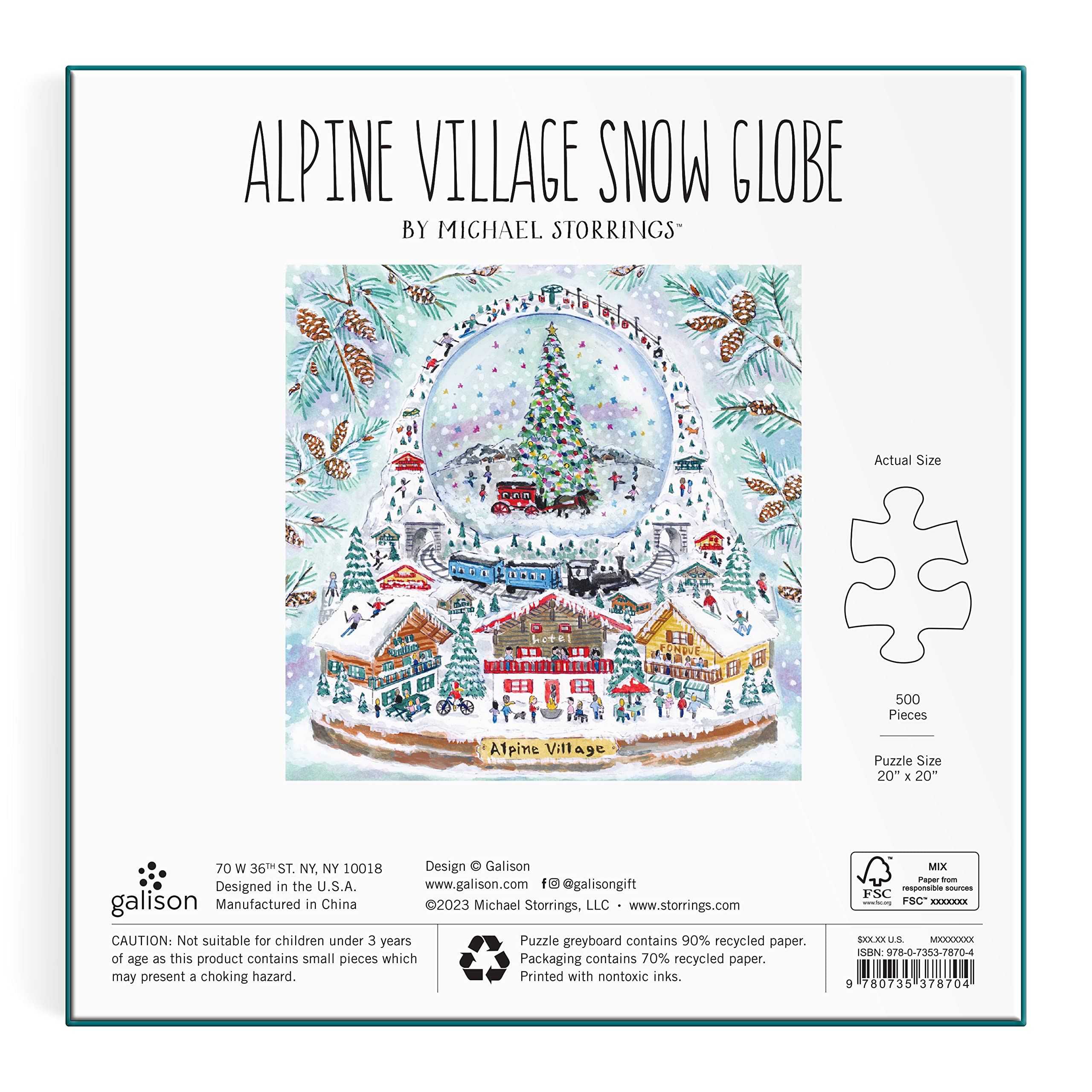 Galison Michael Storrings Alpine Village Snow Globe – 500 Piece Foil Puzzle of Christmas Snow Filled Mountains Artwork with Gold Foil Accents