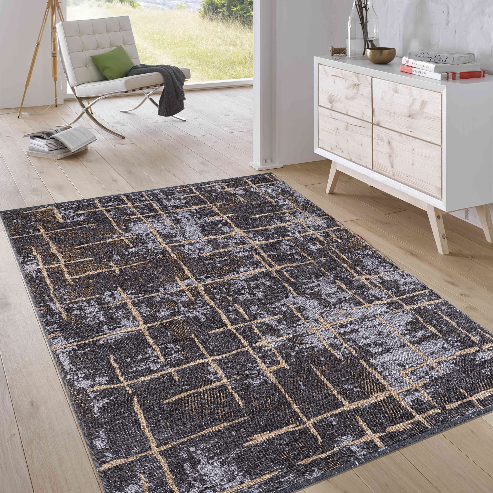 Jimri Short Pile Reversible Rug - Flat Woven Rug for Bedroom & Living Room, Entrance, Hallway - Machine Made Soft Polyester & Cotton Runner - Striped Grey, Size: 75 x 150 cm