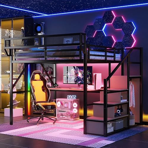 Metal Loft Bed with Desk and RGB LED Lights, Queen Size Loft Bed with ...