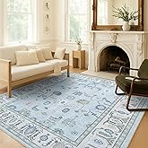 Fame Living Cream Blue Oushak Rug, Modern, Vintage, Turkish, Eclectic, Floral, Pastel, Washable, Area Rugs for Living Room, Dining, Bedroom, Office, Entryway, Foyer, Playroom, Nursery, 5'x6'9"