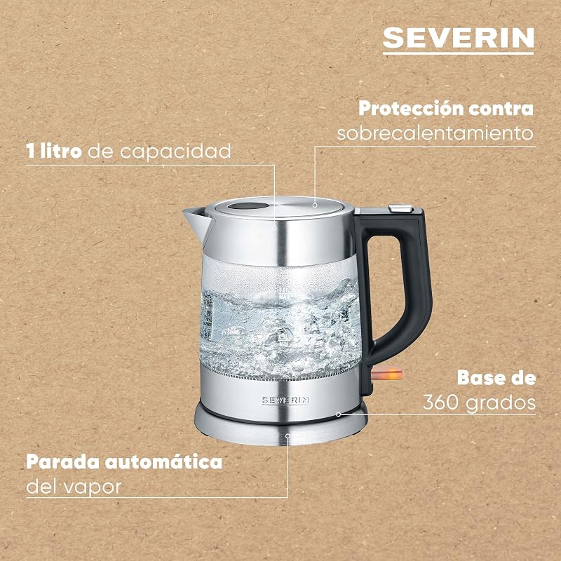 Chaleira de vidro SEVERIN, Jarro de ebulição de água de conexão sem fio, potente e compacto, chaleira elétrica com filtro anticalcário, aço inoxidável/preto, WK 3468