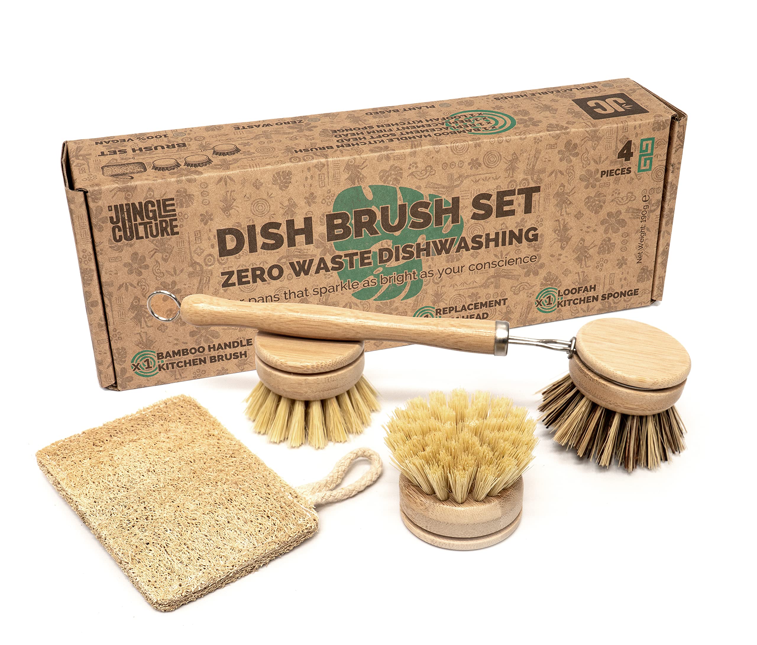JUNGLE CULTURE Premium Washing Up Brushes & Loofah Scourer • Eco Dish Brush Set • Long Handle Bamboo Brush with 3 Replacement Heads • Eco Friendly Dishwashing • Wooden Kitchen Brush Pans Plates Dishes
