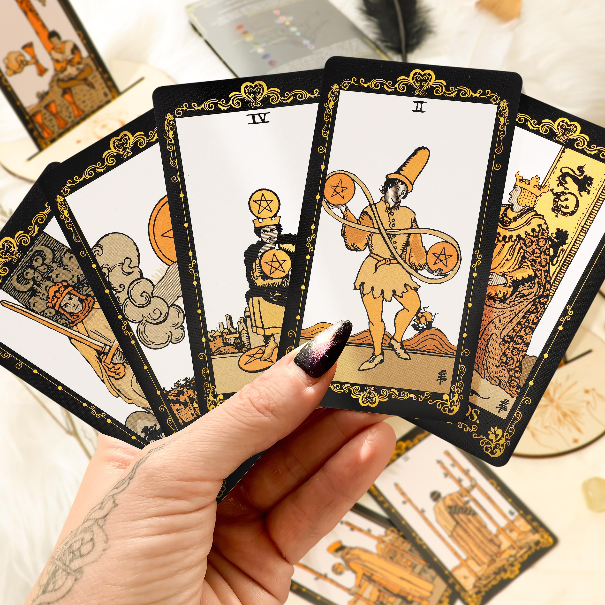 Tarot Cards with Guide Book, 78 Black Tarot Deck Set with Table Cloth, Chakra Stones, Velvet Bag and More, Classic Tarot Cards for Beginners Kit, Fortune Telling Game