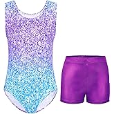 Kirinkylin Girls Gymnastics Leotard With Shorts Breathable Stretchy Tumbling Outfit For Toddler Kids 4T 5T 7-8 10-12Years